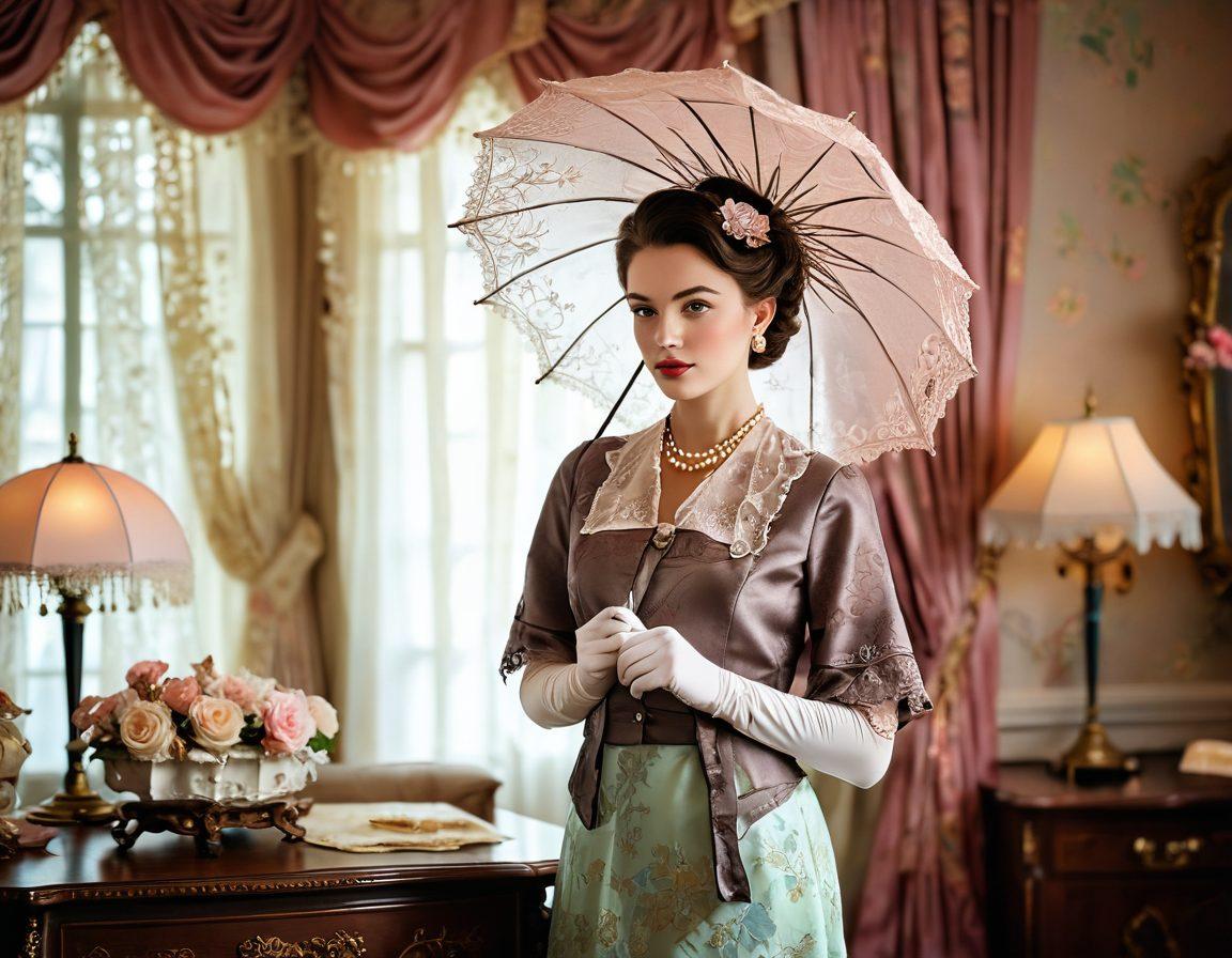 A chic modern lady elegantly dressed in a vintage-inspired outfit, standing in a stylish, artfully decorated room filled with retro furniture and soft pastel colors. She holds a delicate parasol and exudes confidence while gazing out of a large, ornate window with lace curtains. Surround her with vintage accessories like gloves, pearls, and a classic handbag to enhance the nostalgic aesthetic. Incorporate soft lighting to create a warm ambiance. super-realistic. vibrant colors. elegant background.