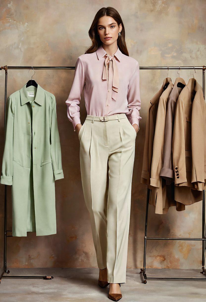 A chic display of essential women's apparel including a stylish dress, elegant blouse, tailored trousers, and accessories, set against a soft, luxurious backdrop. The clothing should convey sophistication and elegance, with a warm color palette of pastels and earth tones. Include a hint of a beautifully arranged wardrobe or dressing area to enhance the theme of elevated living. super-realistic. vibrant colors. soft focus.