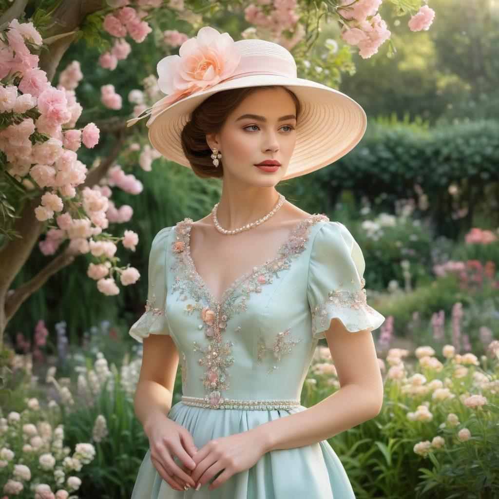 A classic woman elegantly dressed in timeless fashion, adorned in a stylish vintage dress, standing in an enchanting garden surrounded by blooming flowers. Elegant accessories like pearls and a chic hat add to her classic look. The background features soft pastel colors, evoking a sense of grace and sophistication. The overall scene conveys a feeling of serene beauty and fashion-forward timelessness. super-realistic. vibrant colors. soft pastels.